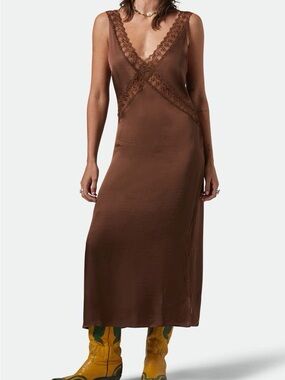Brixton Brown Lace-Trim Slip Dress